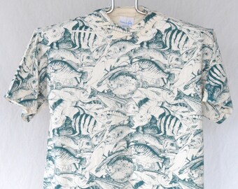 Camiseta Cam-O-Fish para hombre, talla pequeña, unisex, para mujer, camiseta vintage de camuflaje, estampado de camuflaje, pescador, peces, años 90 y 1990