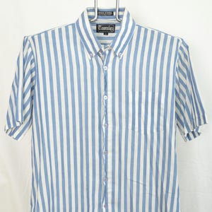 Vintage Townsley Blue White Striped Oxford Shirt Mens Large Pinstriped Button Up Dress Shirt Short Sleeve Single Needle Vertical Stripe