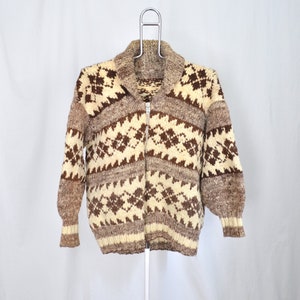 Hand Knit Wool Cowichan Cardigan Sweater Womens Medium / Large Boyfriend Tan Brown Over Sized Chunky Nordic Boho Fisherman Fair Isle Zip Up