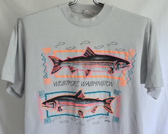 Vintage Neon Westport Washington Forelle / Lachs T-Shirt Herren Large Unisex Damen T-Shirt 90er Jahre Angeln Fischer Fliegenfischen VTG