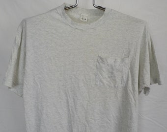 Vintage Gray Plain Pocket T Shirt Mens Extra Large XL Unisex Womens Made In USA Fruit Of The Loom Faded Grey VTG