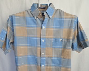 Vintage Manhattan Plaid Shirt Mens Medium Unisex Womens Short Sleeve Multi Colored Earth Tones Tan Blue White Checkered