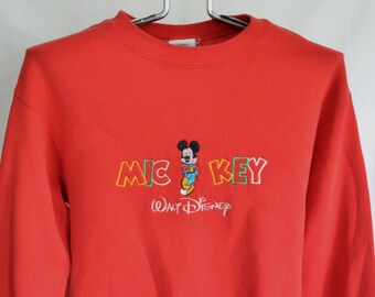 Vintage Mickey Mouse Embroidered Sweatshirt Mens Medium Unisex Womens Walt Disney Red Sweat Shirt 80s 1980s 90s 1990S Hip Hop World Land VTG