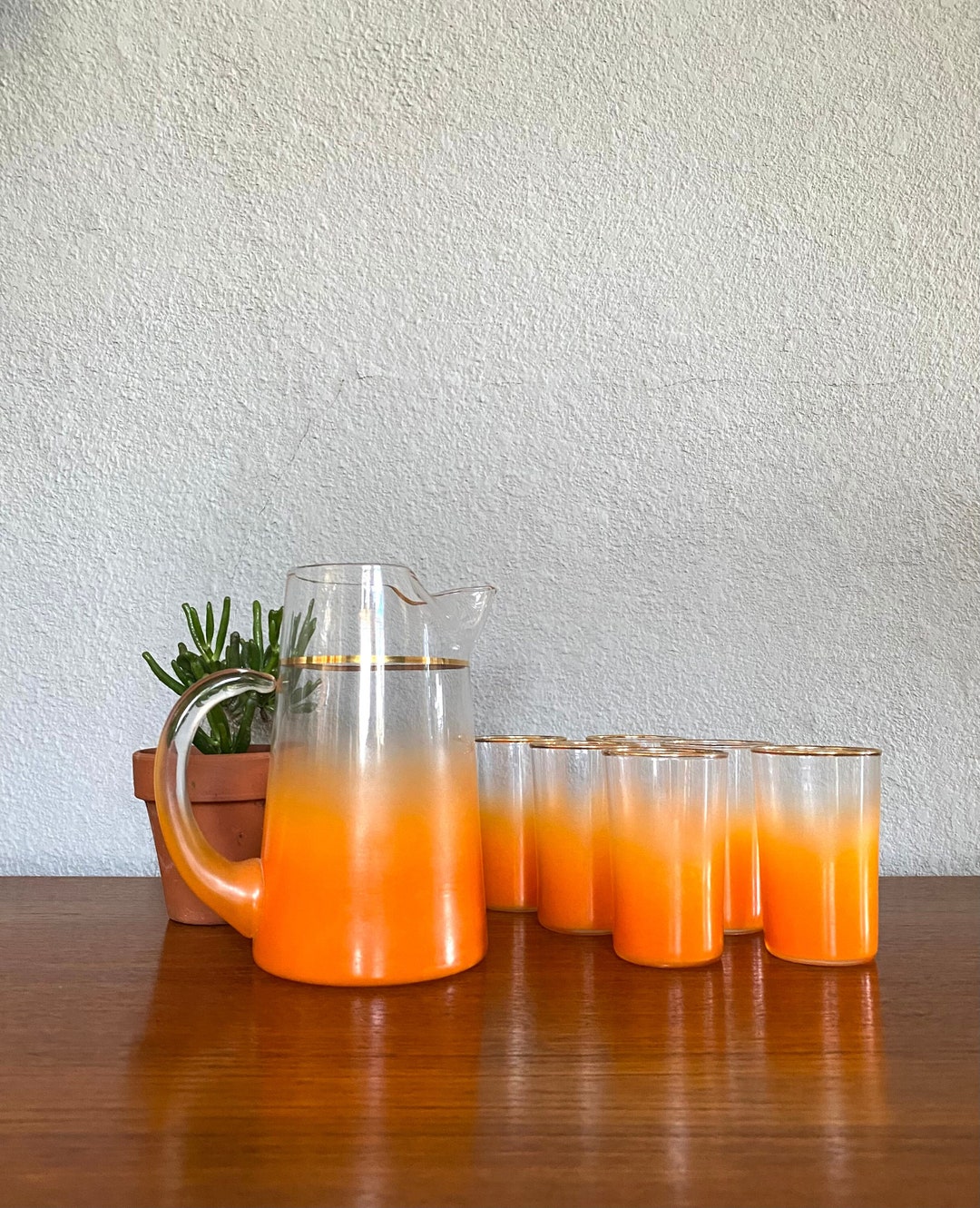 Vintage Blendo Juice Glass Pitcher Set of 6 Water Cups Clear Orange