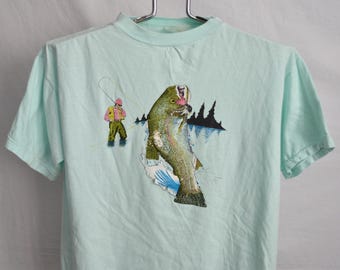 Vintage Regenbogen Forelle T Shirt Herren Cropped / Boxy Medium Unisex Damen T Shirt Angeln Fischer Fliegenfischen VTG