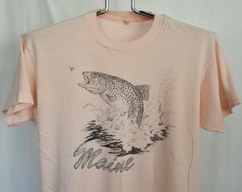 Vintage Maine Trout T Shirt Pink Mens SHORT Medium Unisex Womens Tee Shirt 80s Fishing Fisherman Angling Angler Fly Casting Soft USA VTG