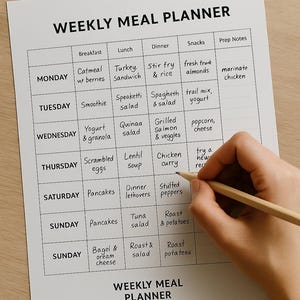 May include: A weekly meal planner with a grid layout, featuring meal suggestions for breakfast, lunch, dinner, and snacks. A hand is holding a pencil, writing on the planner. The planner is on a wooden surface.