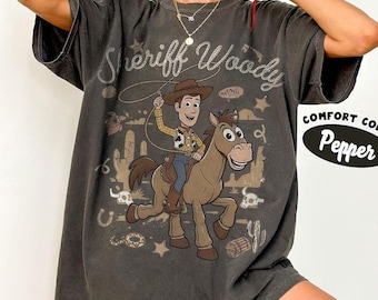 Komfort Farben Retro Sheriff Woody Shirt, Retro Toy Story Woody Reit Bullseye T-Shirt, Disney Western Cowboy Top, Toy Story Familie Shirt