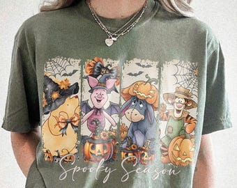 Comfort Colors Retro Winnie The Pooh Halloween Shirt, Spooky Season Pooh Bear Tee, Piglet Eeyore Tigger Halloween Shirt, Disney Fall Tee