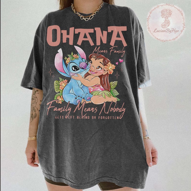 Ohana Means Family Shirt, Lilo and Stitch Shirt, Cute Disney Family Tee, Hawaiian Disney Vacation Shirt, Disney Family Matching Pepper/Charcoal