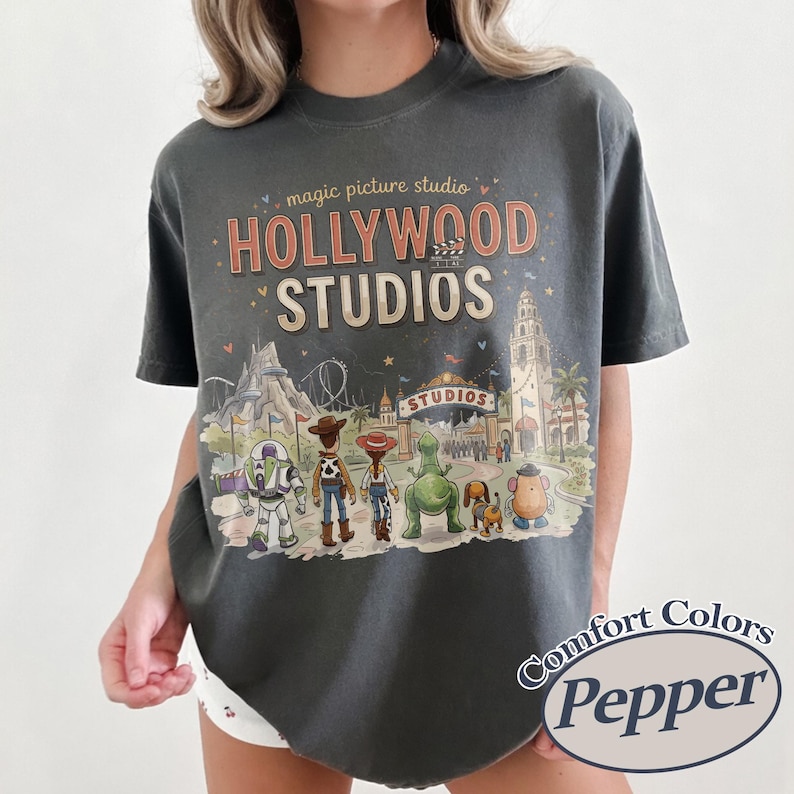 May include: Dark gray t-shirt featuring a colorful graphic of Hollywood Studios with cartoon characters. The shirt has the text "magic picture studio HOLLYWOOD STUDIOS" and the Comfort Colors Pepper logo.