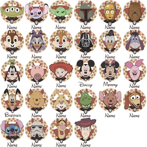 May include: A collection of circular character portraits, each with a name placeholder. The characters include Disney and Star Wars figures like Mickey Mouse, Darth Vader, and Stitch, set against a checkered background with a red and black border.