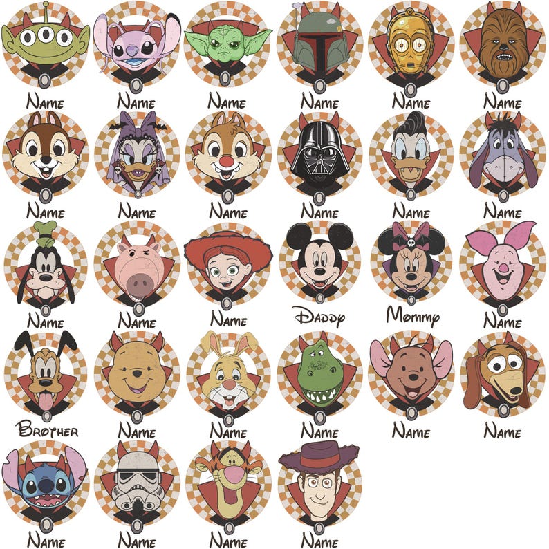 May include: A collection of circular character portraits, each with a name placeholder. The characters include Disney and Star Wars figures like Mickey Mouse, Darth Vader, and Stitch, set against a checkered background with a red and black border.