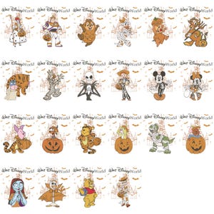 以下が含まれることがあります： ハロウィーンのコスチュームを着たディズニーキャラクターのイラスト。ミッキーマウス、ミニーマウス、くまのプーさんなどが含まれています。背景には「ウォルト・ディズニー・ワールド」の文字と城のデザインがあります。