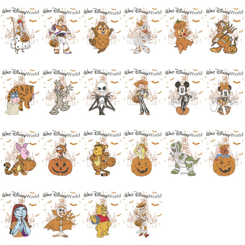 以下が含まれることがあります： ハロウィーンのコスチュームを着たディズニーキャラクターのイラスト。ミッキーマウス、ミニーマウス、くまのプーさんなどが含まれています。背景には「ウォルト・ディズニー・ワールド」の文字と城のデザインがあります。