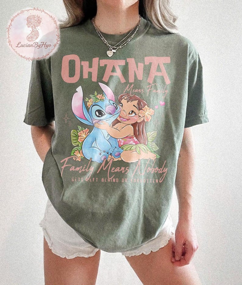 Ohana Means Family Shirt, Lilo and Stitch Shirt, Cute Disney Family Tee, Hawaiian Disney Vacation Shirt, Disney Family Matching Moss/Military Green