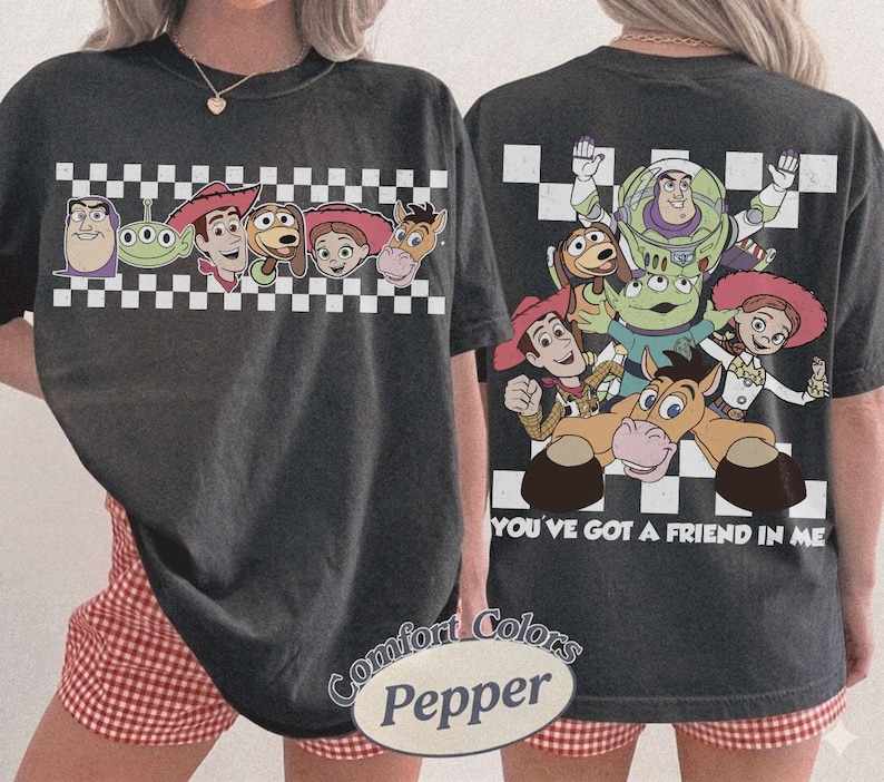 May include: Dark gray t-shirt featuring characters from the animated film Toy Story. The front of the shirt displays a row of character faces above a checkered pattern. The back of the shirt has a larger graphic of the characters with the text "YOU'VE GOT A FRIEND IN ME".