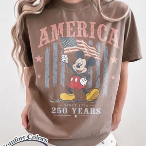 Pu&ograve; includere: T-shirt marrone con la scritta "AMERICA" in rosa, una grafica di Mickey Mouse con la bandiera americana e il testo "SINCE 1776" e "250 YEARS". La maglietta &egrave; color Espresso.