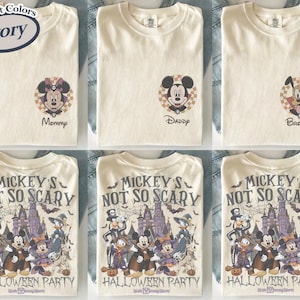 May include: Ivory-colored Comfort Colors t-shirts. The top row features shirts with Mickey Mouse characters and the words "Mommy", "Daddy", and "Brother". The bottom row displays shirts with a Halloween design and the text "Mickey's Not So Scary Halloween Party".