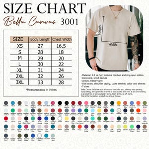 Puede incluir: Tabla de tallas para camisetas Bella Canvas 3001, con medidas en pulgadas. Incluye largo de cuerpo y ancho de pecho para tallas XS a 3XL. Presenta opciones de color y detalles del producto.