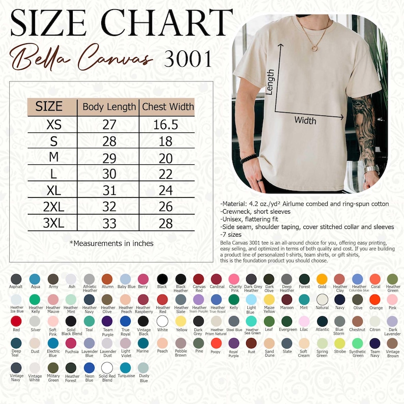 Puede incluir: Tabla de tallas para camisetas Bella Canvas 3001, con medidas en pulgadas. Incluye largo de cuerpo y ancho de pecho para tallas XS a 3XL. Presenta opciones de color y detalles del producto.