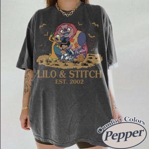K&ouml;nnte beinhalten: Dunkelgraues T-Shirt mit einer Grafik von Lilo & Stitch-Charakteren und dem Text "Lilo & Stitch EST. 2002." Das Shirt hat einen Vintage-Look und das Comfort Colors Pepper-Logo.