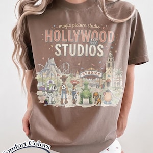 May include: Espresso-colored t-shirt featuring a graphic of the Hollywood Studios theme park with Toy Story characters. The shirt has the text "magic picture studio" and "HOLLYWOOD STUDIOS" in a vintage style.