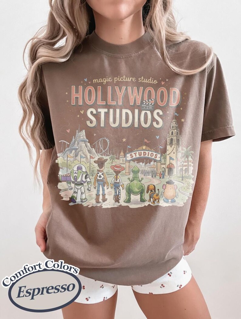 May include: Espresso-colored t-shirt featuring a graphic of the Hollywood Studios theme park with Toy Story characters. The shirt has the text "magic picture studio" and "HOLLYWOOD STUDIOS" in a vintage style.
