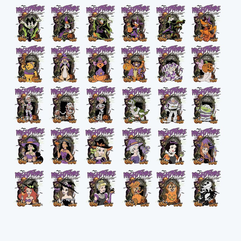 May include: A collection of Halloween-themed graphic designs featuring various cartoon characters in spooky costumes. Each design includes the word "Nightmare" in a purple, stylized font, with pumpkins and a haunted house backdrop.