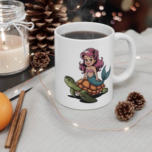 Mermaid Riding Sea Turtle Mug, Coastal Fantasy Coffee Cup