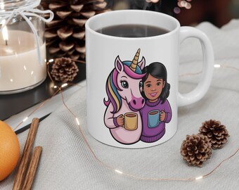 Taza acogedora de unicornio, niña adolescente y unicornio, taza de café de fantasía (325 ml)