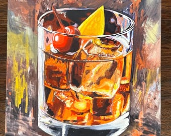 May include: A close-up of a classic Old Fashioned cocktail in a rocks glass. The drink is amber in color and contains ice cubes, a cherry, and an orange slice. The glass is sitting on a wooden surface.