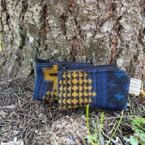 May include: Two small, zippered pouches with a geometric pattern in yellow, blue, and black. The pouches are made of a textured fabric and are lying on the ground near a tree trunk. One pouch has a small loop.