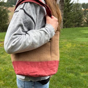 Wool and Waxed Canvas Tote Bag Made With Pendleton Fabric PNW Southwest Pattern Zipper Pockets Red Blue Beige image 3
