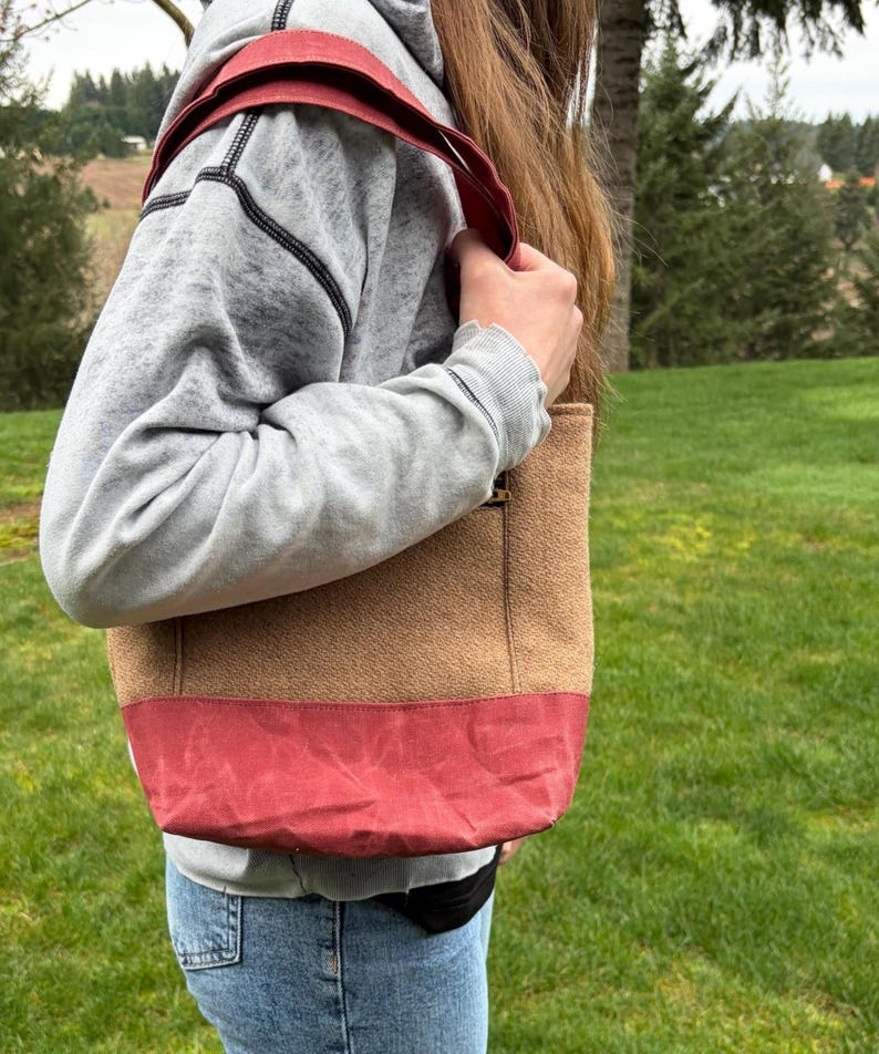 Wool and Waxed Canvas Tote Bag Made With Pendleton Fabric PNW Southwest Pattern Zipper Pockets Red Blue Beige image 3