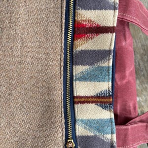 Wool and Waxed Canvas Tote Bag Made With Pendleton Fabric PNW Southwest Pattern Zipper Pockets Red Blue Beige image 7