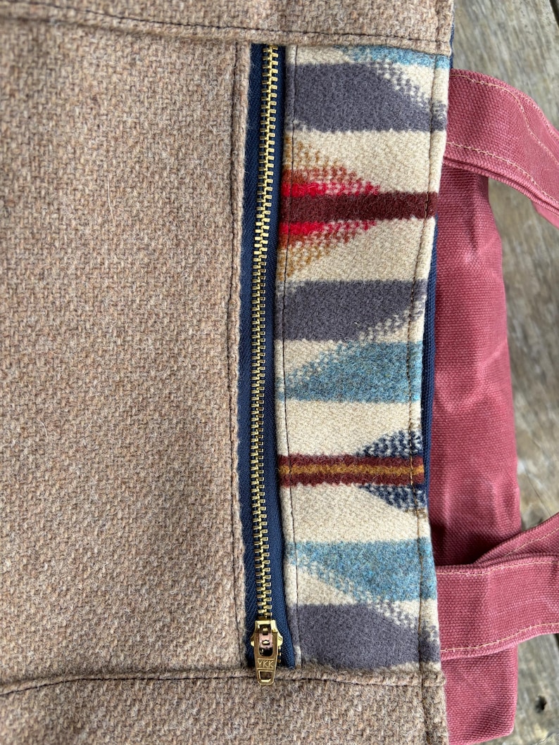 Wool and Waxed Canvas Tote Bag Made With Pendleton Fabric PNW Southwest Pattern Zipper Pockets Red Blue Beige image 7