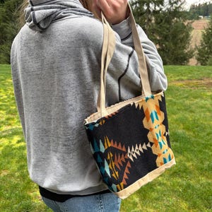 PNW Wool and Waxed Canvas Tote Bag Made With Pendleton Fabric Rancho Arroyo Southwest Pattern Teal Orange Portland OR Fabric