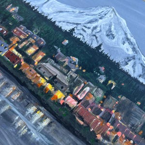 May include: A painting of a snowy mountain range with a town at the base. The town is lit up with warm, yellow lights. The sky is a soft blue.