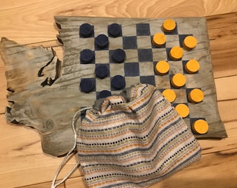 Handmade Washington State Wood Checkerboard Game with Drawstring Bag