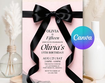 Elegant Black and Pink Ribbon Birthday Invitation, Teen Birthday Invite, Black Bow Coquette Invitation Template, Editable Canva