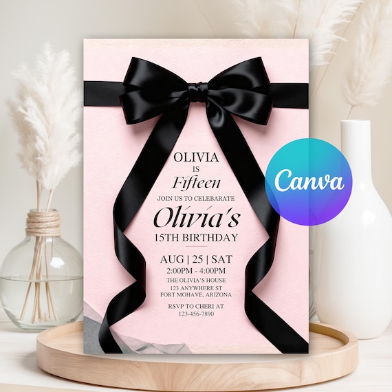 Elegant Black and Pink Ribbon Birthday Invitation, Teen Birthday Invite, Black Bow Coquette Invitation Template, Editable Canva