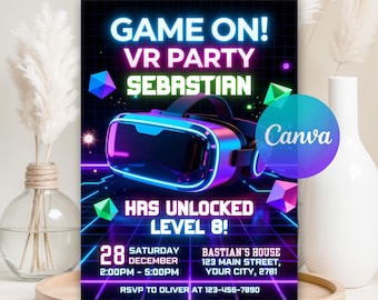 Invitación de cumpleaños de realidad virtual, invitación de cumpleaños de RV, invitación de cumpleaños de gamer, invitación de cumpleaños de videojuegos, Canva editable