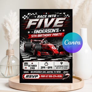 May include: A rectangular birthday party invitation featuring a red race car on a checkered track. The text reads RACE INTO FIVE, ANDERSON'S 5TH BIRTHDAY PARTY, OCTOBER 23RD, 3PM-6PM, 123 ANYWHERE STREET, 88 SPEEDWAY AVE, AUSTIN, TX 78701, and RSVP MOM AT 555-274-8136.