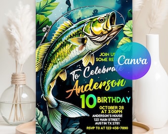 Invitación de cumpleaños de pesca editable, Invitación de pesca, Invitaciones de cumpleaños de peces, ¡A pescar!, Invitaciones de cumpleaños para niño, Plantilla de Canva
