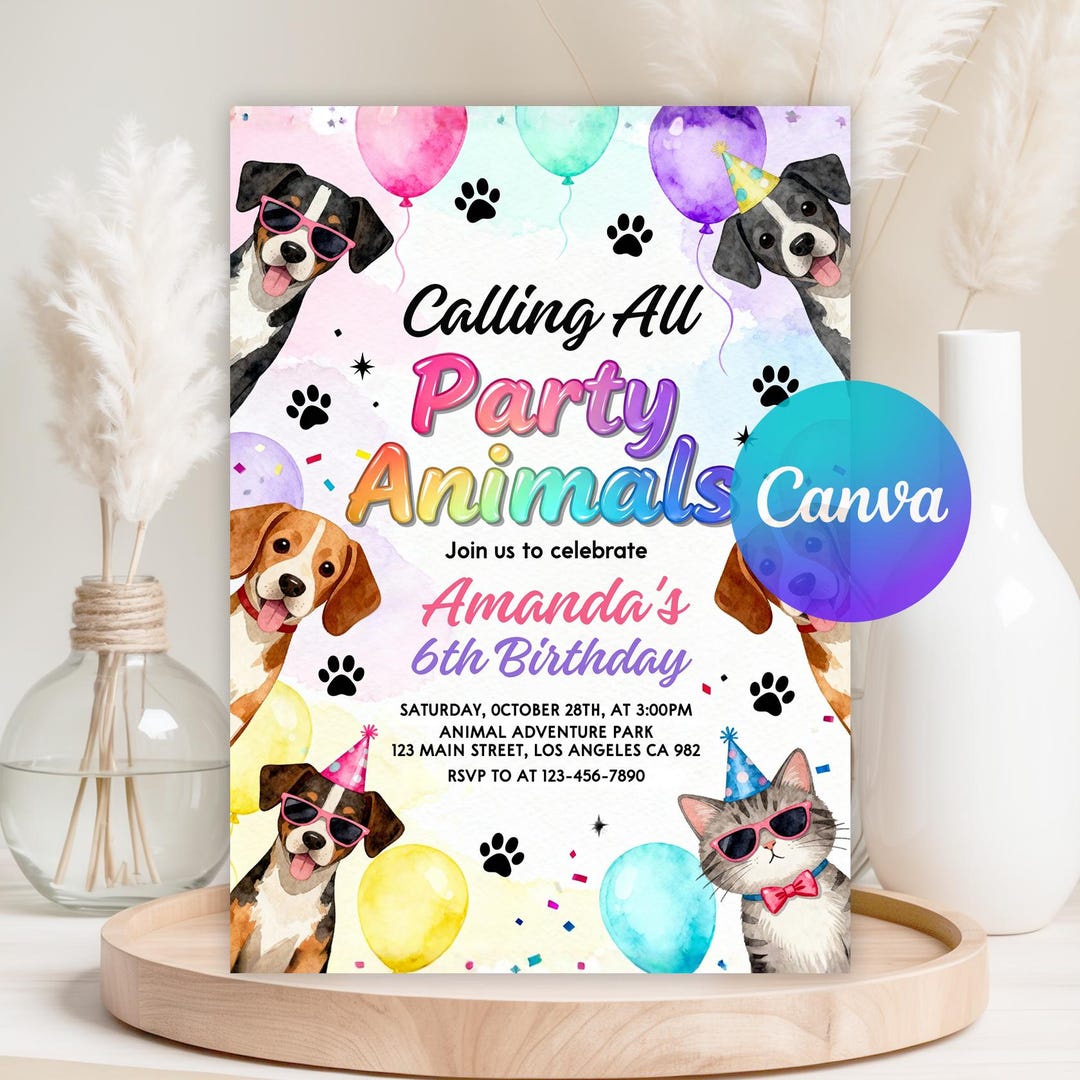 Editable Dogs Birthday Party Invitation, Puppy Birthday Party Animal ...