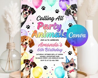 Editable Dogs Birthday Party Invitation, Puppy Birthday Party Animal Invite, Calling All Pawty Animals, Printable Template, Instant Download