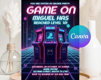 Invitación de cumpleaños estilo arcade, invitación para fiesta de videojuegos retro, plantilla de cumpleaños de videojuegos digitales para niños, plantilla de Canva, descarga instantánea