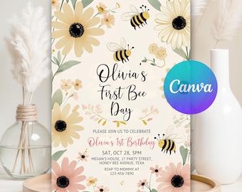 1st Bee Day Invitation Editable, Floral Girl First Birthday Invite, Sweet One Party, 1st Birthday, Kids Birthday Invite, Canva Template