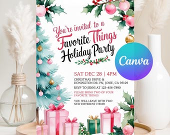 Uitnodiging voor feestje roze favoriete dingen, favoriete dingen vakantie feestuitnodiging, meisjes cadeau uitwisseling vakantie, bewerkbare canvas uitnodigingssjabloon